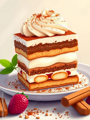 Vector illustration of layered tiramisù dessert with ladyfingers and mascarpone cream, vector, hand drawn