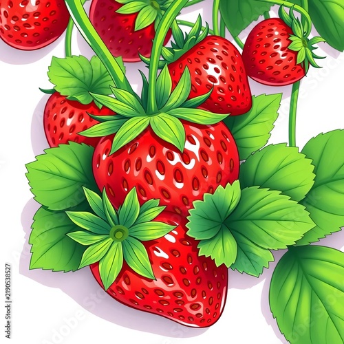 Juicy strawberry with green leaves and stems illustrated in bright colors, playful, stems