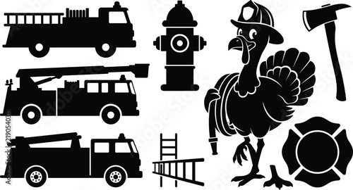 Thanksgiving firefighter turkey vector silhouette set with emergency elements including fire truck hydrant ladder hose and axe.