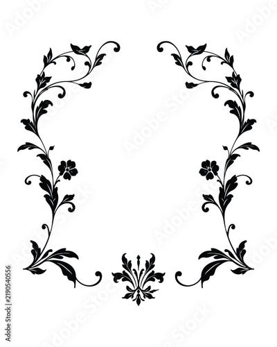 Classic ornamental botanical wreath with detailed flowers, curling foliage and elegant vintage decoration forming a graceful circular frame