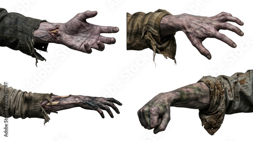 Set of four realistic zombie arms with torn clothing and exposed bone isolated on transparent background