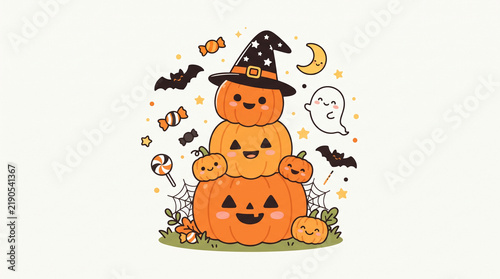 Cute Halloween Pumpkins with Witch Hat Friendly Ghost and Candies Vector Illustration