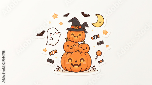 Cute Halloween Pumpkins with Witch Hat Friendly Ghost and Candies Vector Illustration