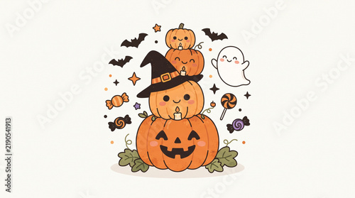 Cute Halloween Pumpkins with Witch Hat Friendly Ghost and Candies Vector Illustration