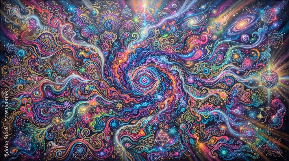 Fototapeta premium Psychedelic cosmic nebula art, vibrant fractal galaxy swirls, colorful dreamscape universe background, trippy celestial energy patterns