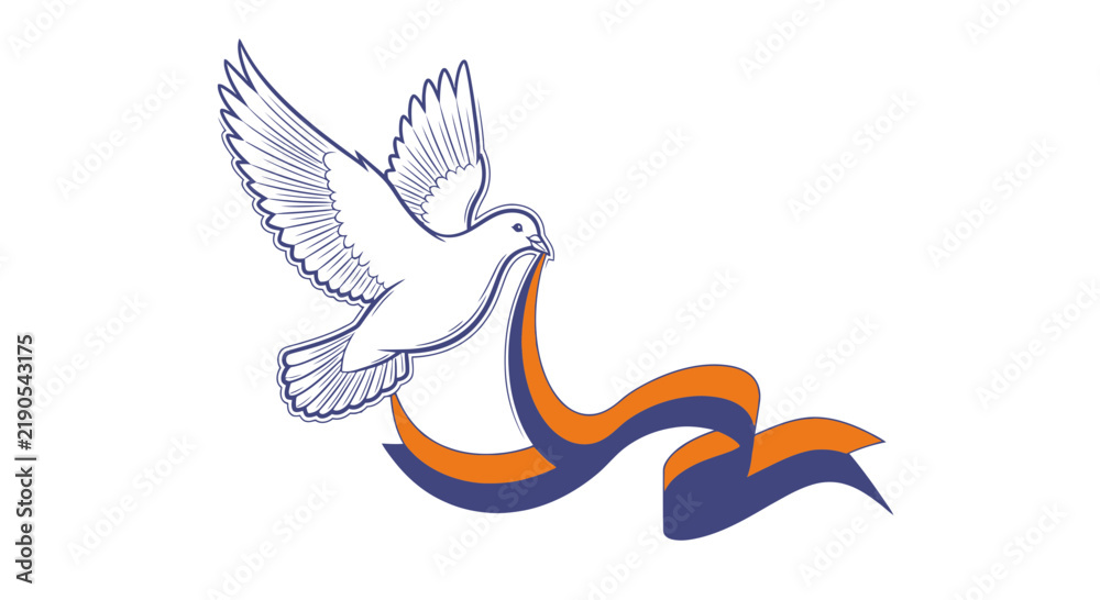Obraz premium Illustration of a Flying Dove with Decorative Orange and Purple Ribbon