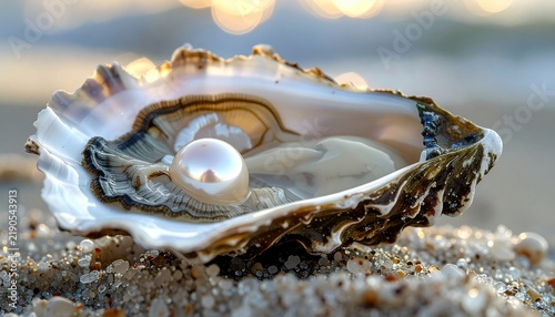Open oyster shell containing a single lustrous pearl, luxury jewelry and natural ocean treasure