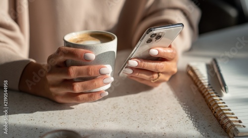 Hands holding coffee and phone