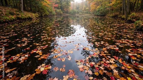 Colorful red and orange autumn maple leaves floating on the calm mirror-like surface of a forest pond