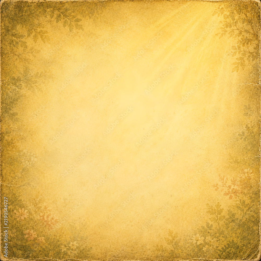 Fototapeta premium Golden background with glowing light rays and decorative floral ornament on edges in vintage style