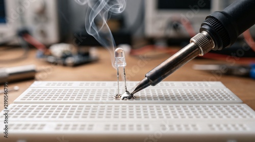 Canvas Print Soldering iron melting lead solder on led legs on white breadboard in electronics workshop
