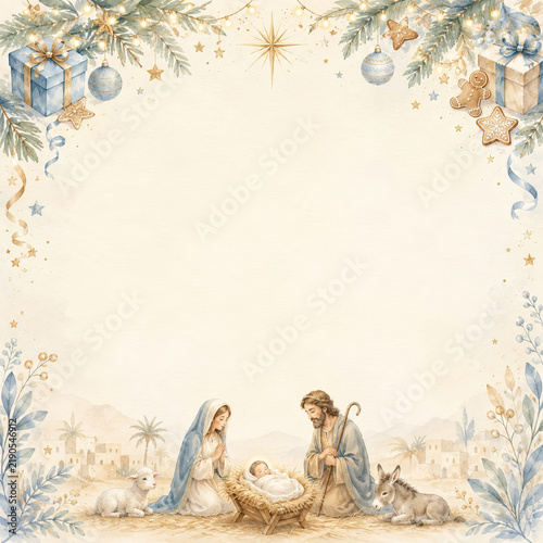 Watercolor Christmas card with nativity scene star and frame with gifts pine branches and ornaments