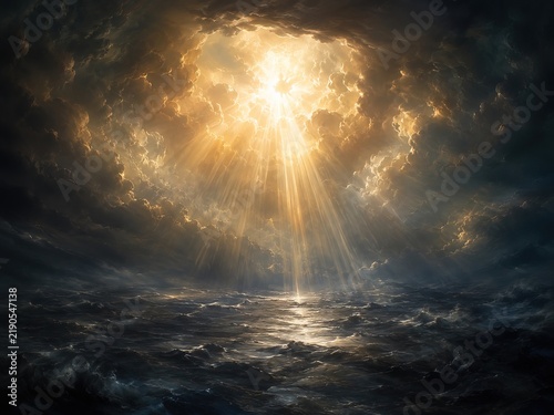 Dramatic depiction of divine light piercing storm clouds over turbulent sea during creation of world