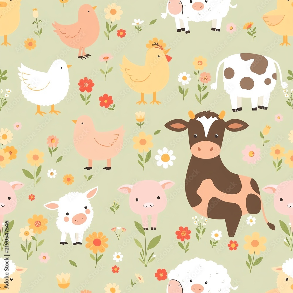 Naklejka premium A whimsical illustration featuring various farm animals, including cows, sheep, and chickens, set against a soft pastel floral background. Perfect for children's themes.