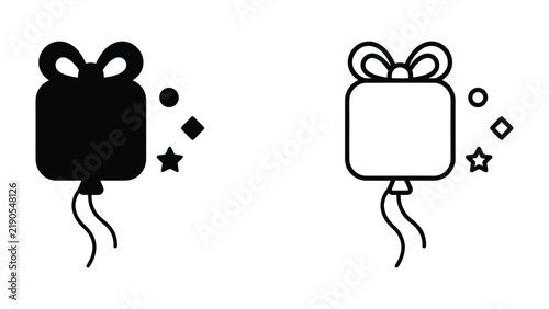 Obraz na płótnie Gift Box Balloon Icon: A stylized icon featuring a balloon shaped like a gift box with a bow, accompanied by confetti and stars, symbolizing celebration and surprise