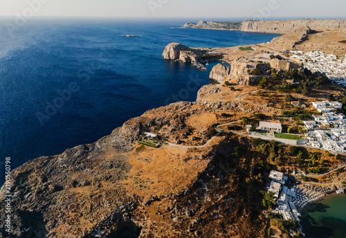 Aerial View Lindos Village Rocky Coastline