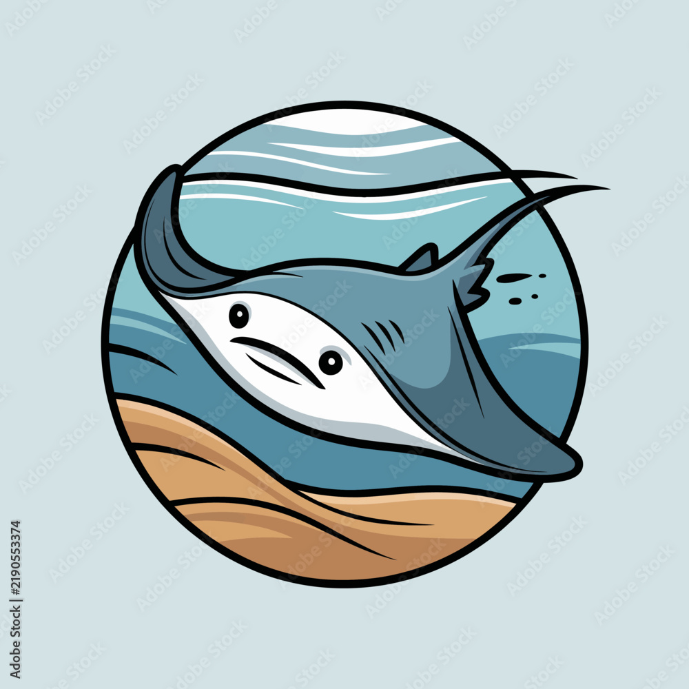 Fototapeta premium Cartoon shark swimming in ocean water.