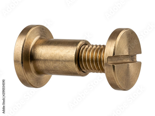 A close up of a metallic brass chicago screw fastener isolated on transparent background