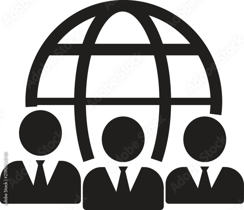 Flat black icon representing global business team and international corporate networking