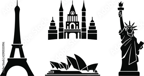 Black Silhouette Icons of Eiffel Tower, Sydney Opera House, Statue of Liberty, and Castle Landmark