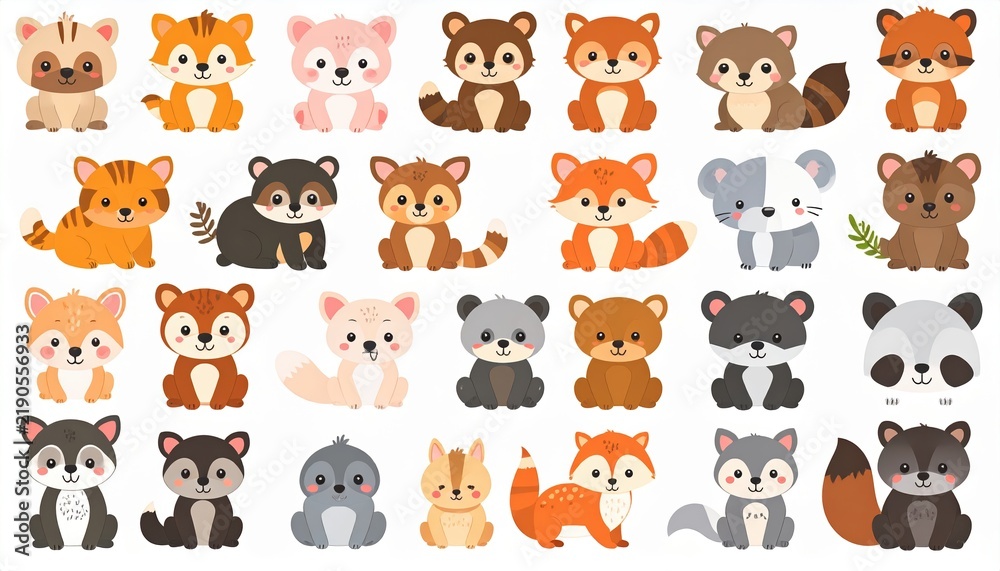 Obraz premium Cute baby animal collection featuring puppy, kitten, hamster, bunny, red panda, owl, fox, panda, koala, otter, sloth, deer, and hedgehog