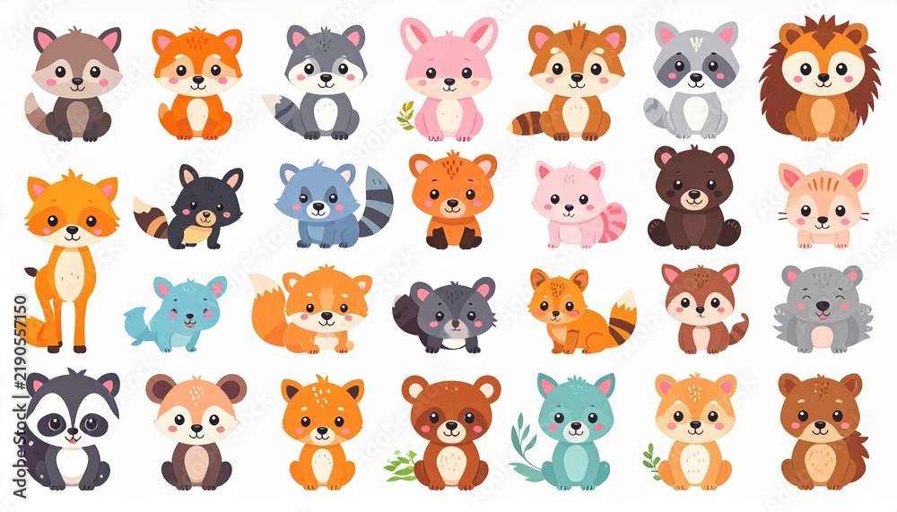 Obraz premium Cute baby animal collection featuring puppy, kitten, hamster, bunny, red panda, owl, fox, panda, koala, otter, sloth, deer, and hedgehog