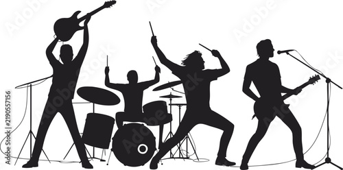 Black and white silhouette of a rock band performing on stage music performance