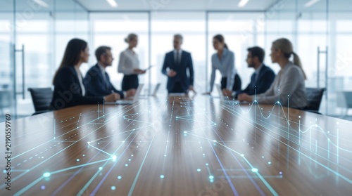 Professional business team in modern boardroom meeting overlooking glowing digital data flow visualization on wooden table representing financial insights and strategic planning