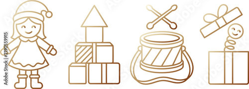 Golden Line Art Christmas Toys Set Featuring Rag Doll Building Blocks Toy Drum and Jack in the Box Vector Illustration