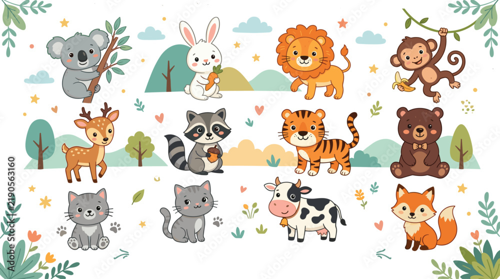 Fototapeta premium Cute Cartoon Baby Animal Vector Icon Set with Lion, Tiger, Bear, Cow, Fox, Koala, Rabbit, Monkey, Deer, and Raccoon Characters for Kids Stickers