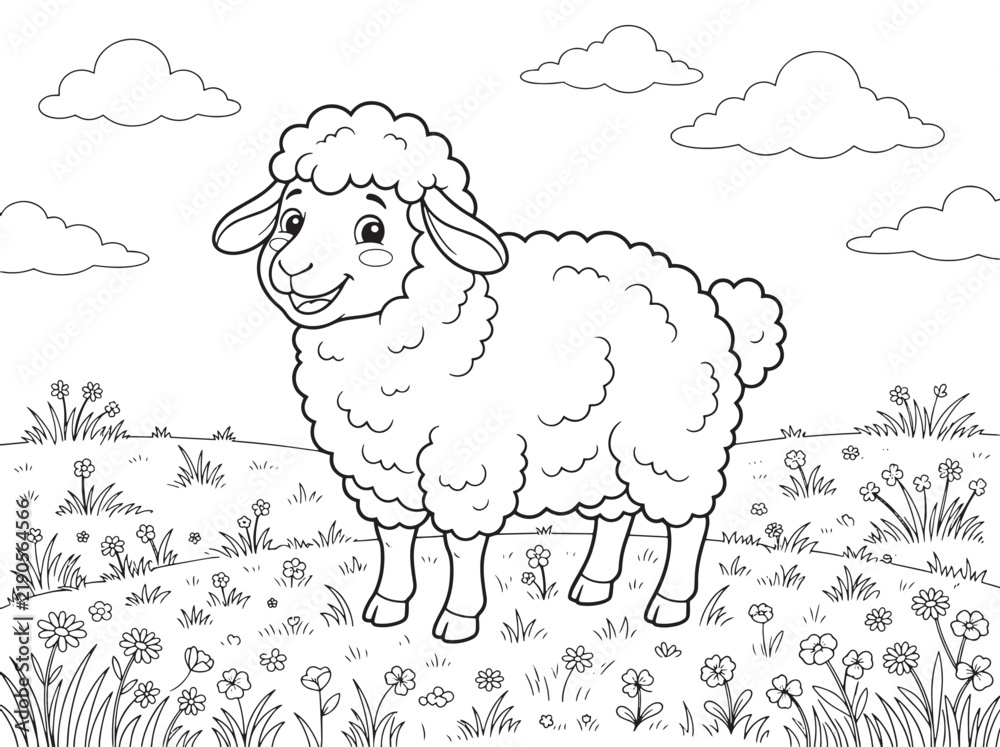 Obraz premium Simple and Fun Fluffy Sheep Countryside Coloring Page for Toddlers