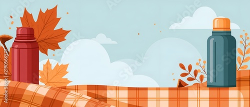 Cozy Autumn Vibe: Two rustic thermoses-red and deep blue-rest on a warm