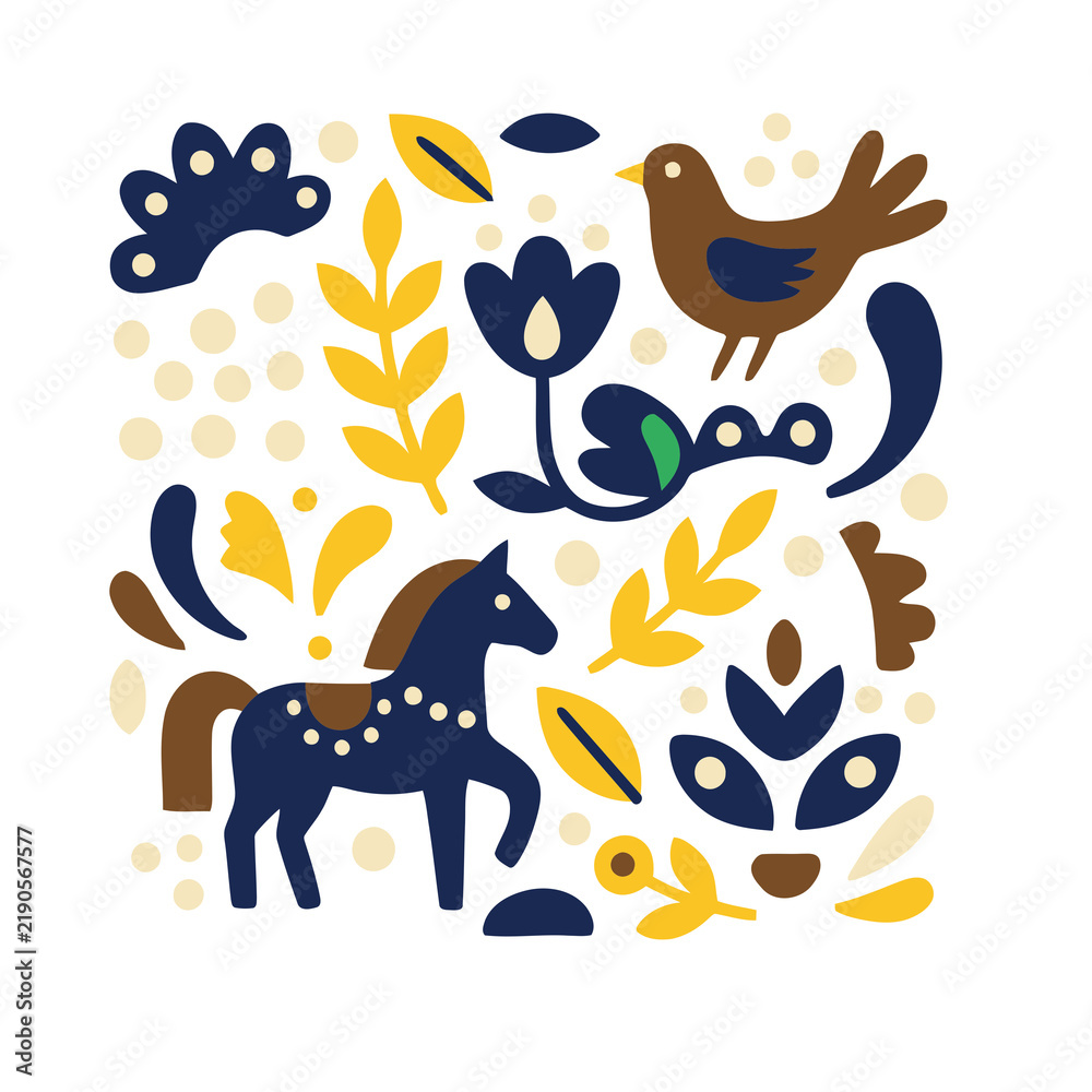 Fototapeta premium Folk art style illustration of horse and bird with floral elements