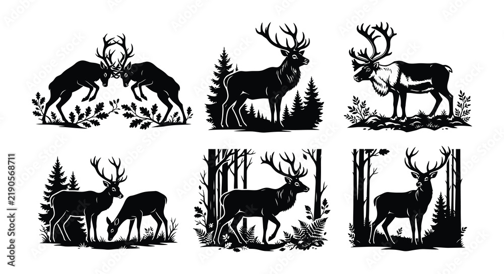 Fototapeta premium Silhouette vector illustrations of deer with forest elements on a white background