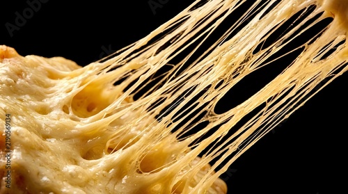 Extreme close-up macro of mozzarella cheese stretching in long dramatic strings, warm studio light making cheese glow golden, isolated pure black background, no people no text no labels, cheese pull h