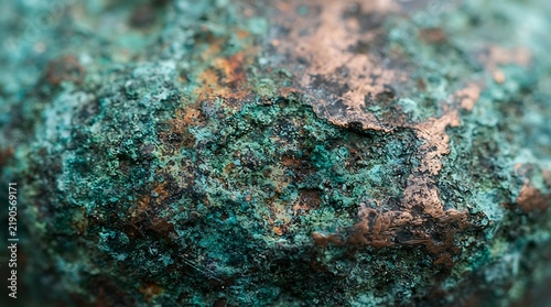 Macro view showing aged copper metal with heavy green oxidation patina