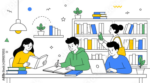 Group of students studying together in a modern library setting.