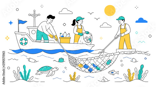 Group of volunteers cleaning ocean plastic waste from a boat.