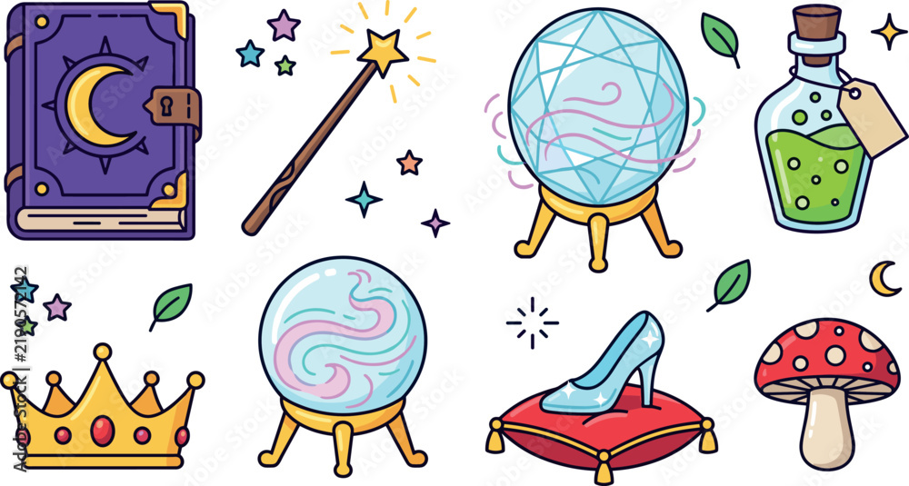 Obraz premium Fairy Tale Magic Vector Icon Set with Spell Book, Crystal Ball, Wand, Glass Slipper, Crown, Poison Potion, and Amanita Mushroom