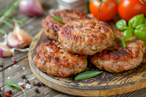 Home made juicy burger patties with garlic rosemary and fresh tomatoes
