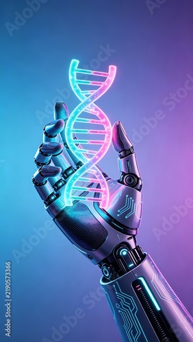 Futuristic Robotic Hand Holding Glowing DNA Double Helix