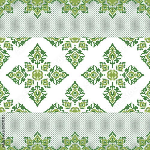 Green Damask Seamless Pattern with Ornate Mandala Background