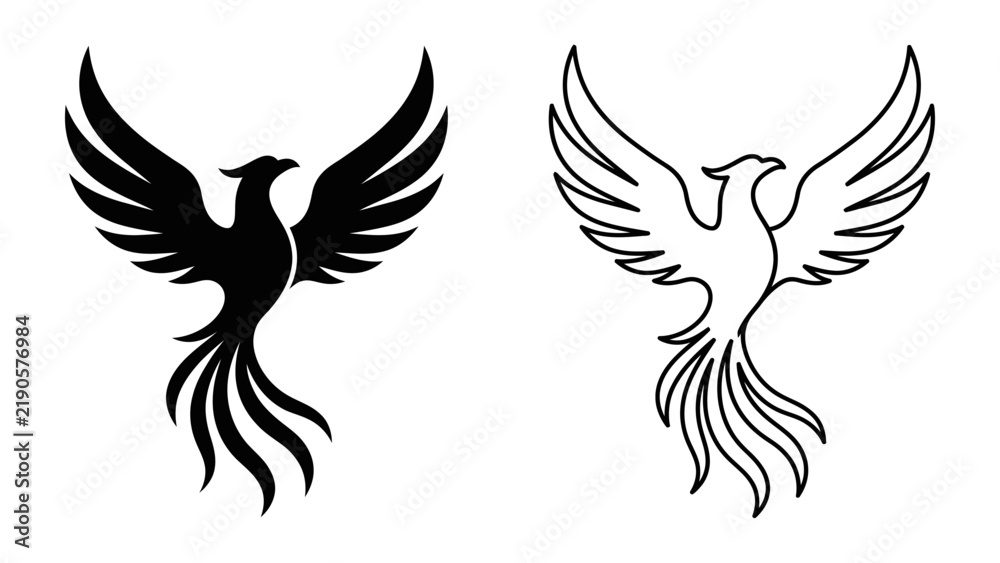 Fototapeta premium Mythical Phoenix Silhouette: A striking silhouette of a mythical phoenix, both solid black and an outline version, with expansive wings and flowing tail feathers, symbolizing rebirth and resilience.