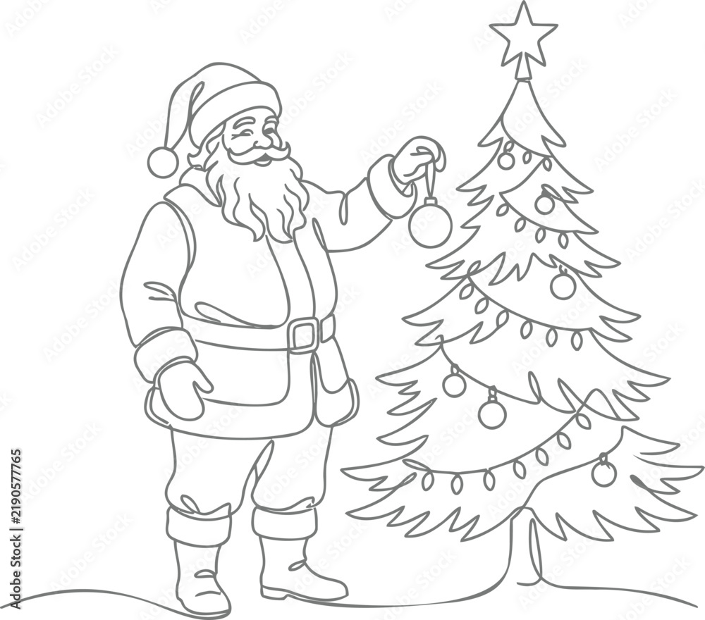 Fototapeta premium Continuous one line of santa claus decorating a christmas tree with ornaments, isolated on a white background