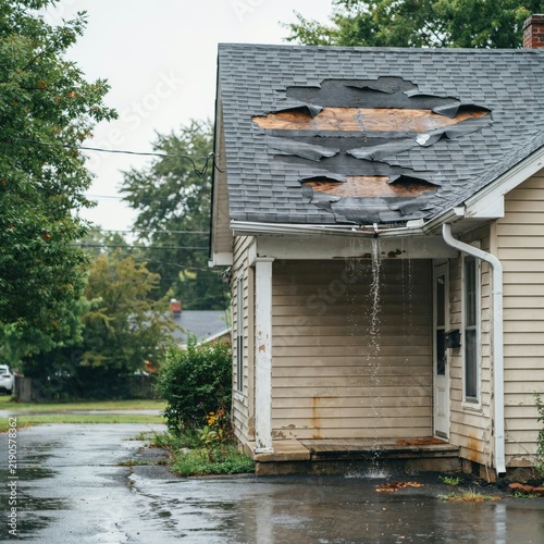 Severe storm damage on residential house roof exposing wood decking and water pouring into gutter for property insurance case.