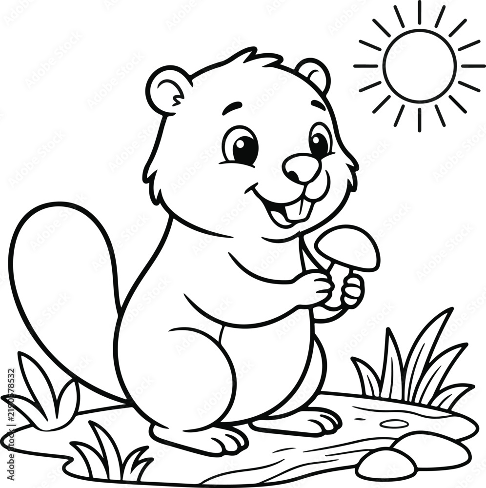 Fototapeta premium Cute cartoon beaver holding a mushroom in a sunny forest