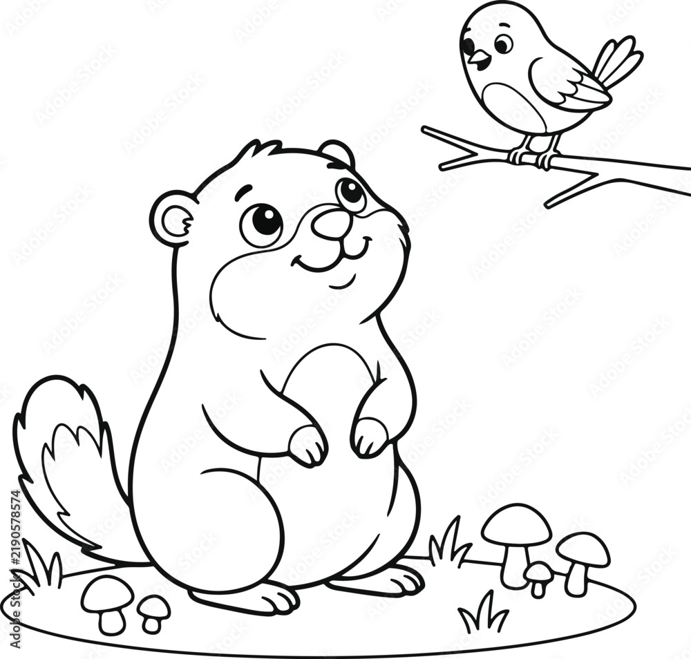 Obraz premium Cute cartoon groundhog looking at a little bird on a branch in a forest clearing with mushrooms
