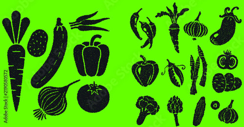 Assorted fresh vegetable icons set featuring farm produce in detailed black sketch style isolated on vibrant green background for nutrition.