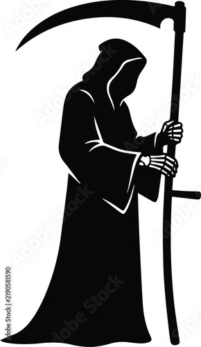 Fotografie Grim reaper holding scythe silhouette vector illustration wearing a dark cloak f
