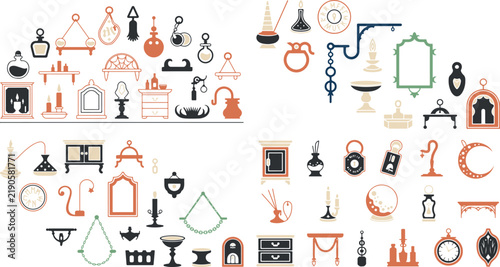 Collection of vintage and antique decorative objects including mirrors lamps and clocks in a variety of styles and colors arranged on shelves and surfaces for interior design or artistic display